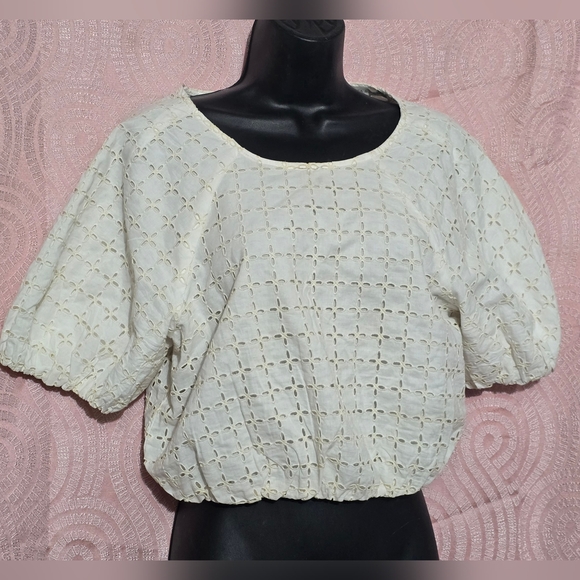 Chelsea & Violet Tops - Chelsea & Violet White and Beige Eyelet Cropped Top Size M